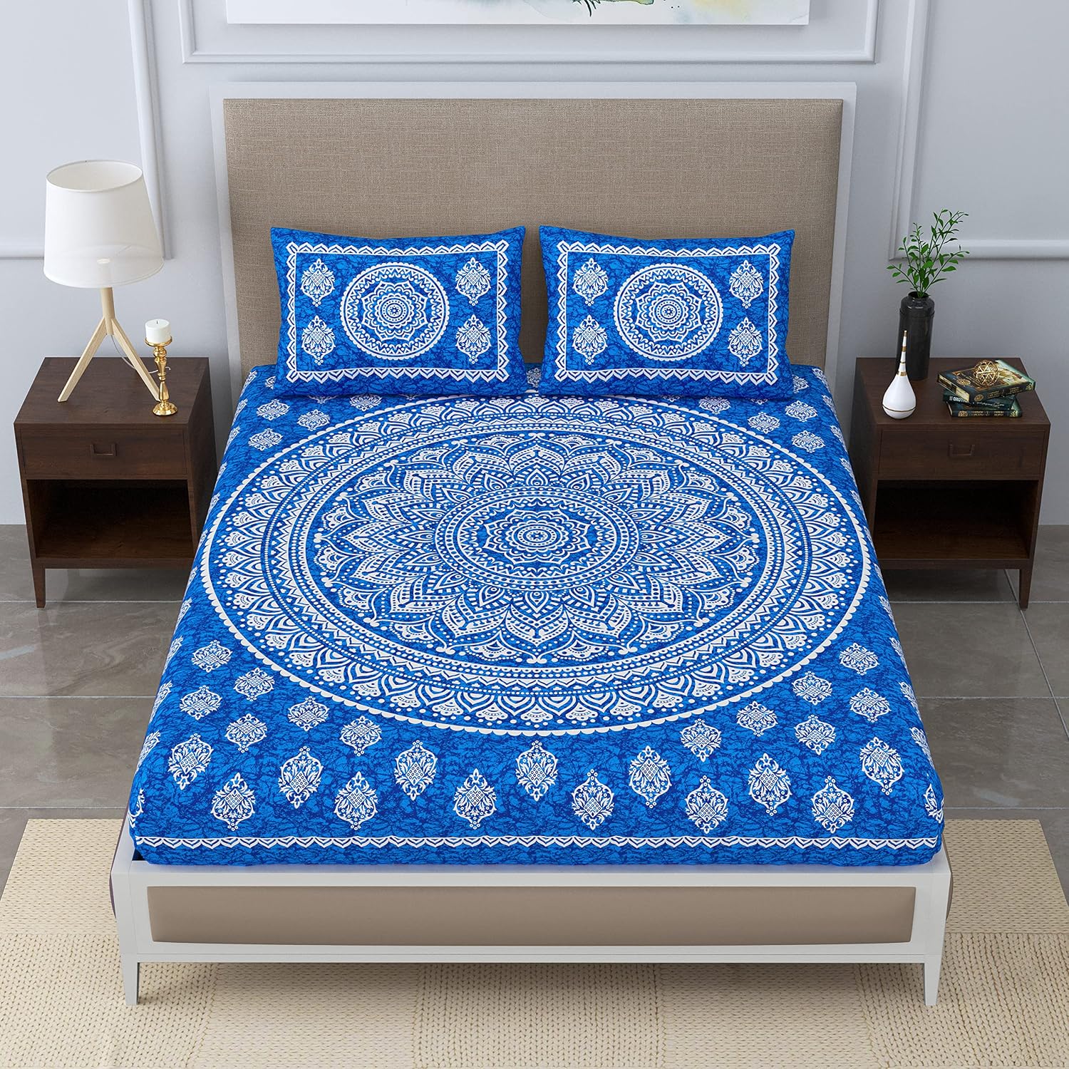 Printed Jaipuri Bedsheet For Double Bed With 2 Pillow Covers - 83 X 94 Inches, Blue | Long Lasting & Soft 120 Thread Count Bedsheet