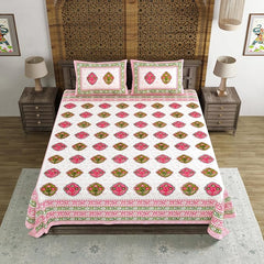 Hand Block Printed Cotton King Size Bedsheet With 2 Pillow Covers, 90 X 108 Inches, White | Good For Villas, Guest Houses, & Daily Home Use