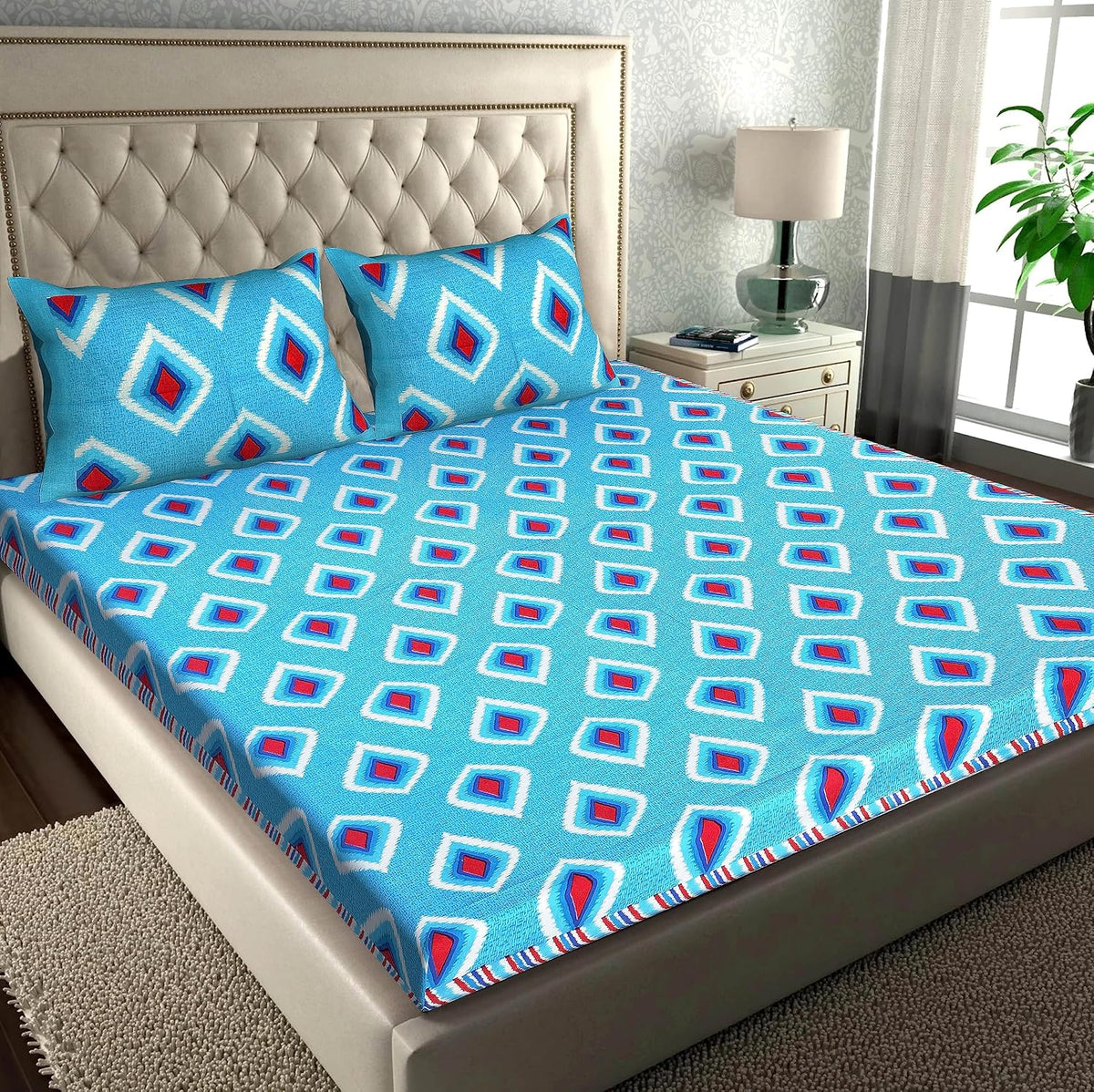 Rajasthani Jaipuri Bedsheets For Double Bed King Size With 2 Pillow Cover - 90 X 100 Inches, Turquoise Blue | Skin Friendly Fabric With Vibrant Colors
