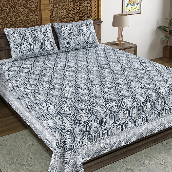 Traditional Hand Block Printed Cotton King Size Bedsheet With 2 Pillow Covers, 104 X 104 Inches, Blue | 200 Thread Count-Vibrant Bedding For Stylish Bedrooms