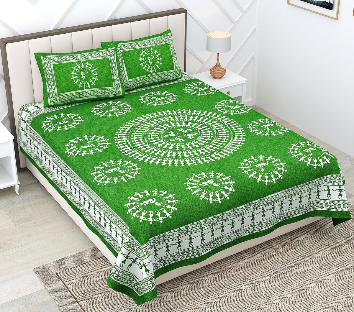 Printed Double Bedsheets For King Size With Tow Matching Pillow Covers - 90 X 100 Inches, Green & White | Comfort Jaipuri Collection Bedsheet - Suitable For All Seasons