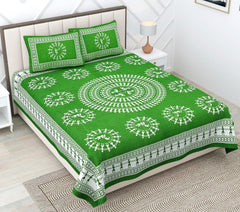 Printed Double Bedsheets For King Size With Tow Matching Pillow Covers - 90 X 100 Inches, Green & White | Comfort Jaipuri Collection Bedsheet - Suitable For All Seasons