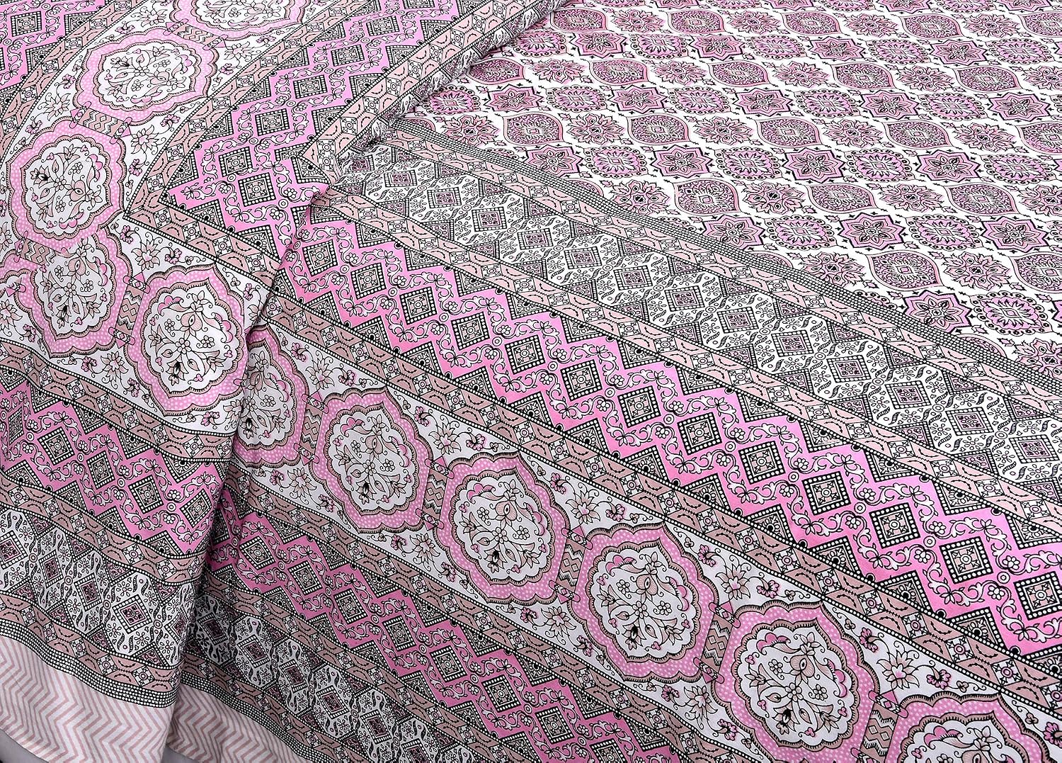 Traditional Rajasthani Design Bedsheet With 2 Pillow Covers - 90 X 108 Inches, Pink & White | Color Fade Resistant & Shrinkage Resistant For All-Season Use