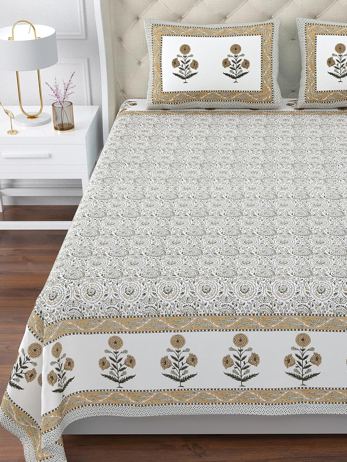 100% Cotton King Size Bedsheet For Double Bed With 2 Pillow Cover - 108 X 108 Inches, Mustard & White | Extra Soft & Wrinkle Free | Perfect Gifting Wedding, Housewarming Or Festival