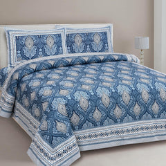 1 Queen Size Bedsheet For Double Bed With 2 Pillow Covers (90 X 108 Inches) Dark Blue | Jaipuri Print Designs - Breathable 100% Cotton Bedsheet Comfortable