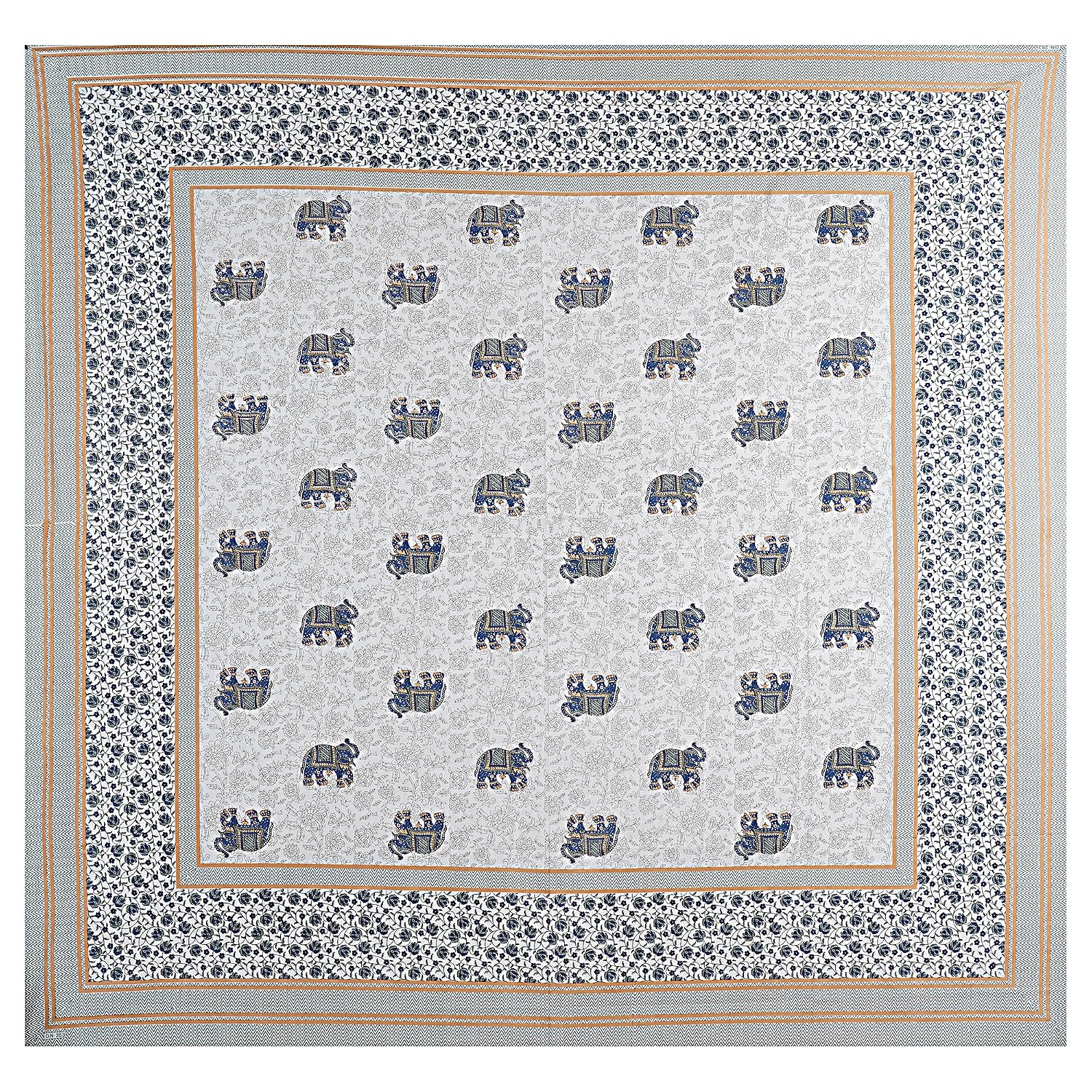 Jaipuri Cotton King Size Bedsheet With 2 Pillow Covers | 108 X 108 Inches, Grey & Blue | Traditional Printed Elephants Design | All Season Comfort & Festival Gift