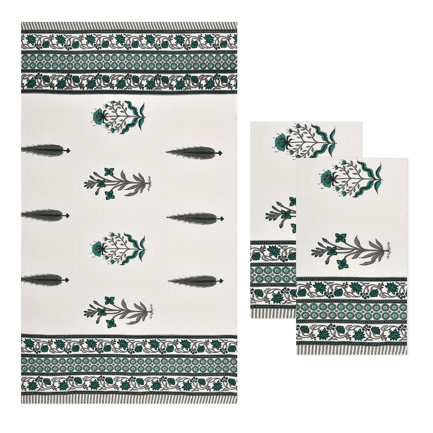 Easygoods Waffle 1 Bath & 2 Hand Towels Beautiful Pure Cotton Hand Block Printed Soft Water Absorbent Towels 250 Gsm (Garden Green) | Pack Of 3