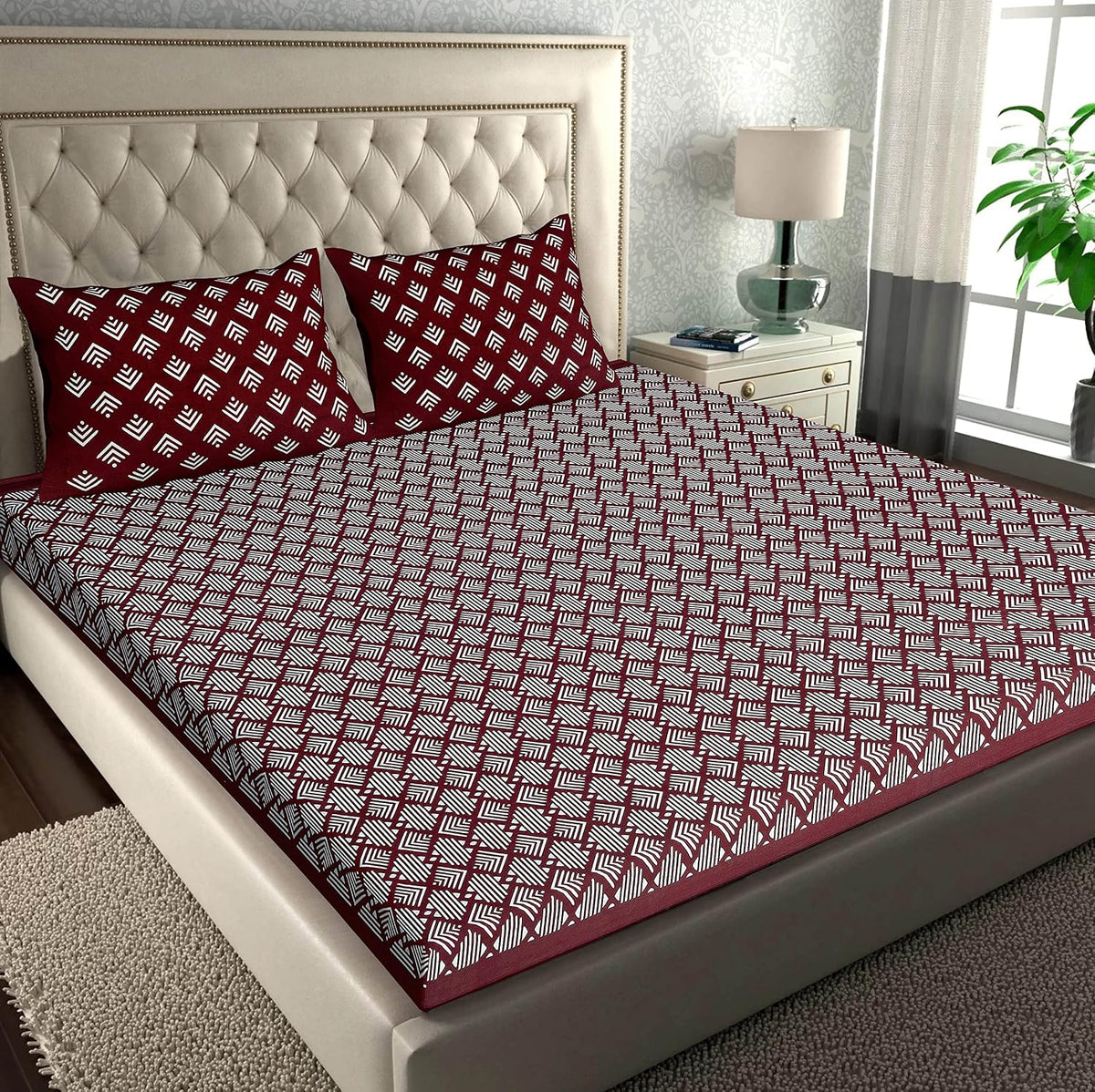 Printed Double Bedsheets For King Size With Tow Matching Pillow Covers - 90 X 100 Inches, Maroon & White | Comfort Jaipuri Collection Bedsheet - Suitable For All Seasons