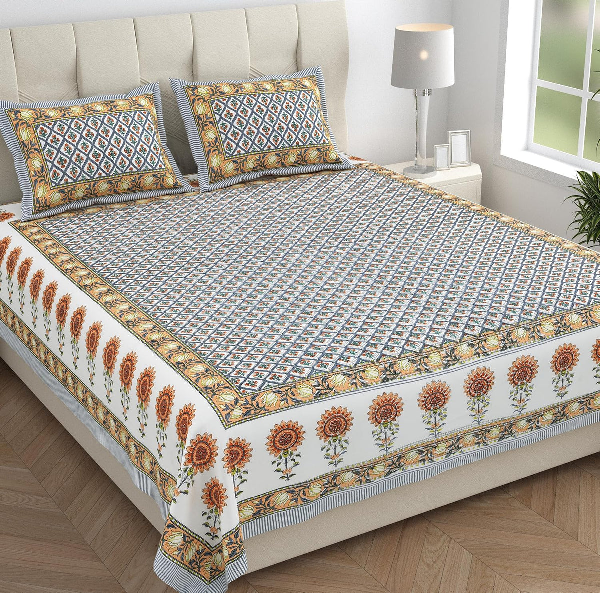 Pure Cotton Double Bedsheet For King Size With 2 Pillow Covers | 90 X 108 Inches, Mustard & Yellow | Ultra-Soft & Skin-Safe | Breathable Summer Comfort