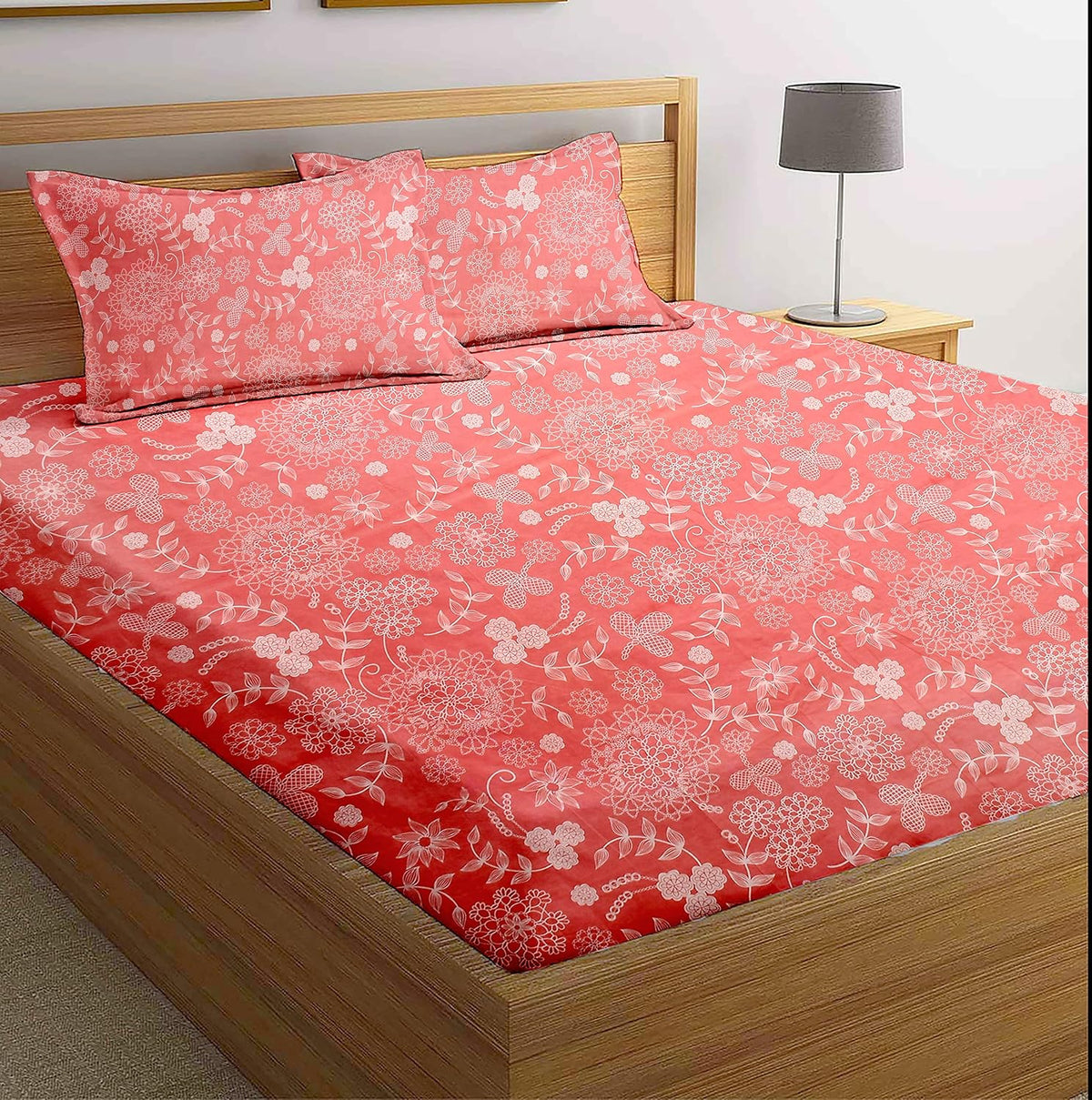 Designer Double Bedsheet King Size With 2 Matching Pillow Covers - 90 Inch X 100 Inch, Pink | Breathable & Wrinkle Free Smooth Bedding Set