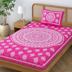 Single Bedsheet With 1 Pillow Covers - 54 X 84 Inches, Pink | Long Lasting & Soft 120 Thread Count Bedsheet | Traditional Jaipuri Printed Bedsheet