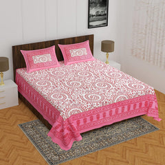 Printed Double Bedsheet For Queen Size With 2 Pillow Covers - 86 X 93 Inches, White & Pink | Better Use Soft Detergent For Long Durability
