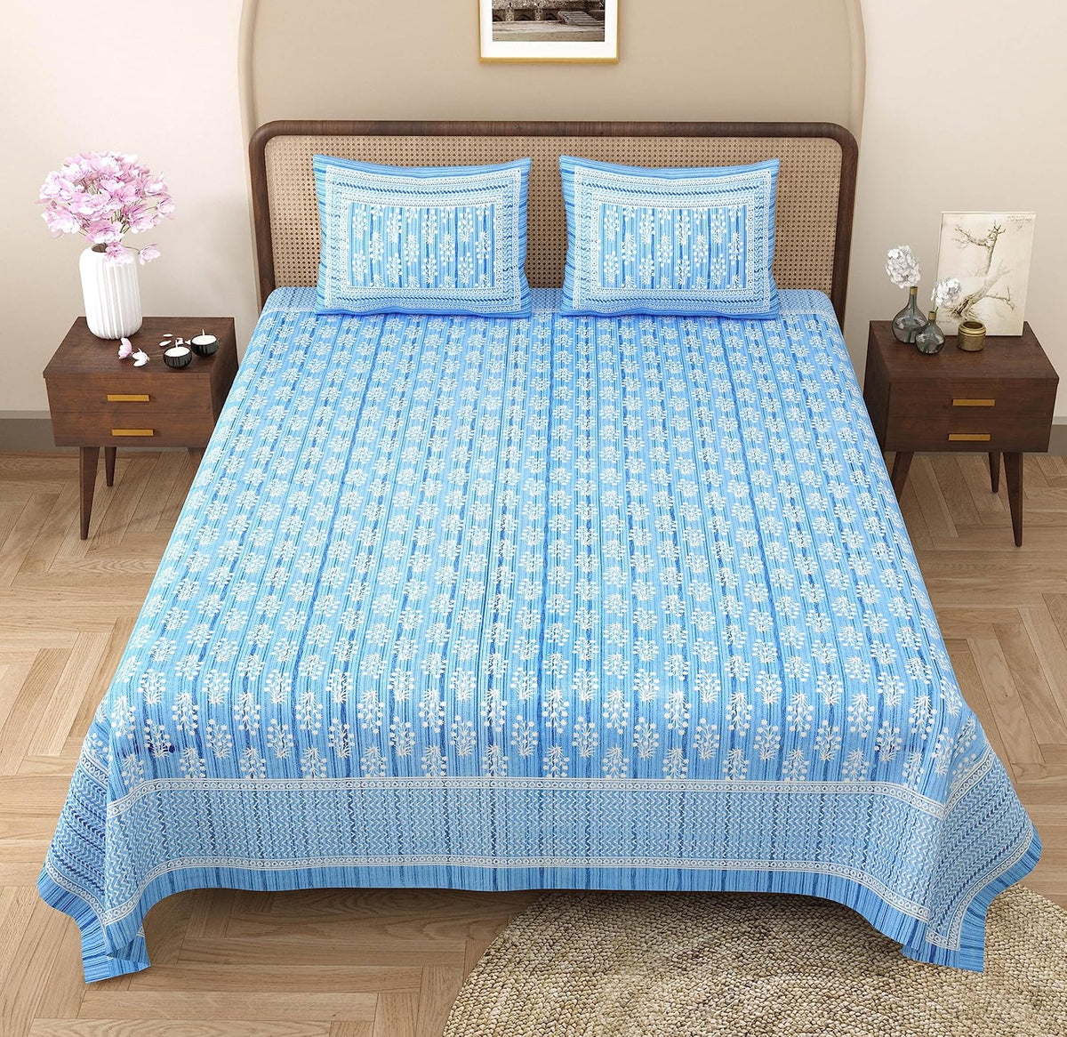 Jaipuri Bedsheets For Double Bed King Size With 2 Pillow Covers - 90 X 108 Inches, Light Blue | Soft & Durable For Everyday Use & Bedroom - All Season Comfort