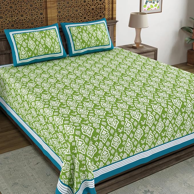 Hand Block Printed Cotton King Size Bedsheet With 2 Pillow Covers, 106 X 106 Inches, Green | 200 Thread Count-Good For Villas, Guest Houses, & Daily Home Use