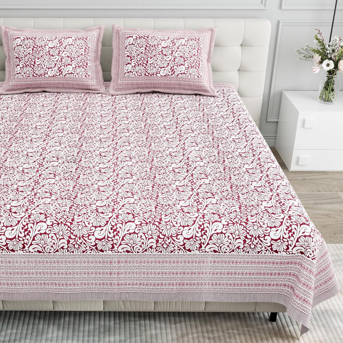 Pure Cotton King Size Bedsheet 2 Matching Pillow Covers | 100x108 Inches, Maroon & White | Traditional Jaipuri Printed Bedsheet | Ideal Wedding Gift, Housewarming, Special Occasion Surprise