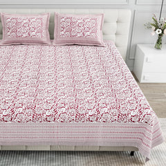 Pure Cotton King Size Bedsheet 2 Matching Pillow Covers | 100x108 Inches, Maroon & White | Traditional Jaipuri Printed Bedsheet | Ideal Wedding Gift, Housewarming, Special Occasion Surprise