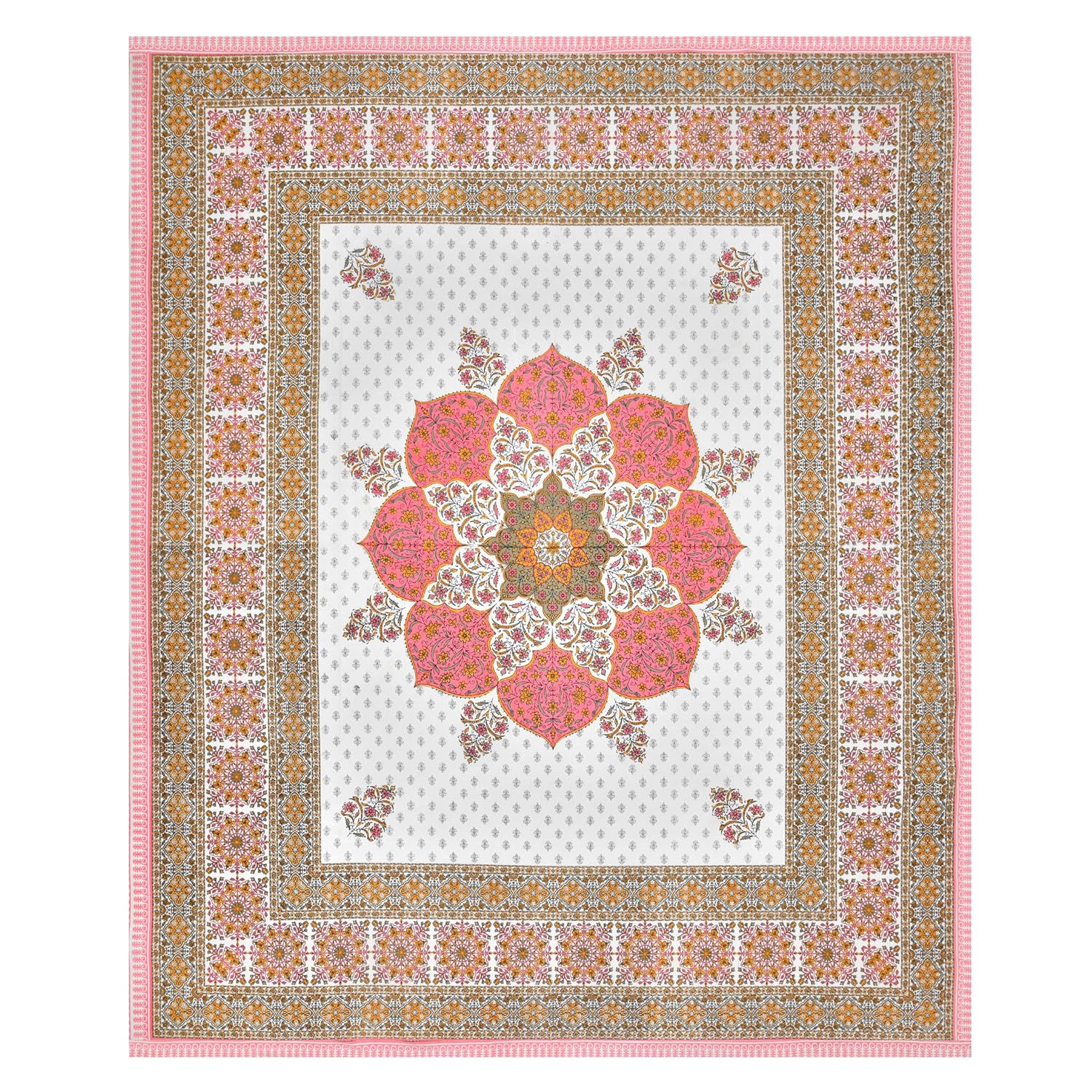 Traditional Rajasthani Cotton Bedsheet For King Size With 2 Matching Pillow Cover | 90 X 108 Inches, Rose Pink & White | Soft & Comfortable Fabric