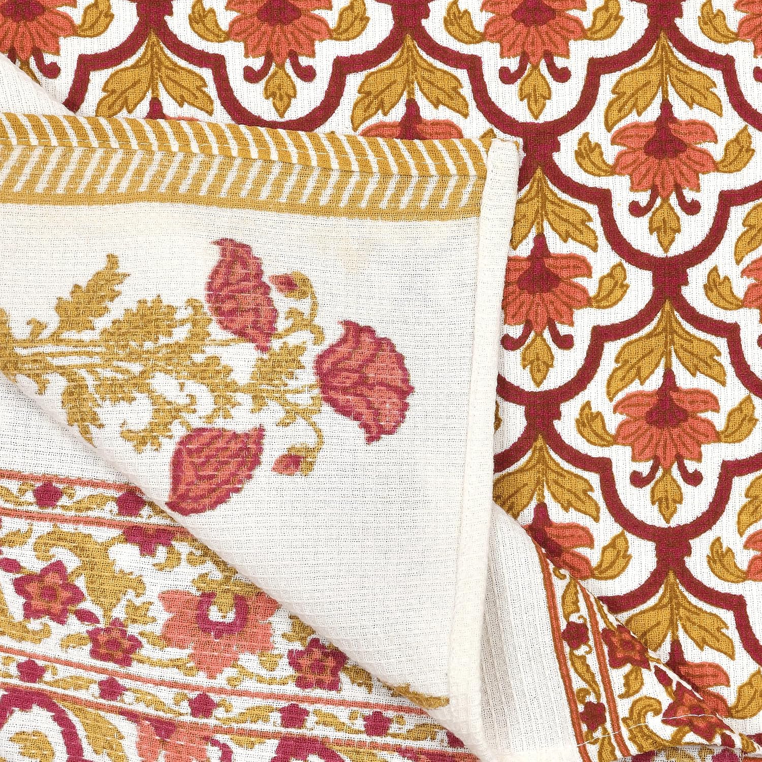 Mafatlal Madhuban Premium Waffle Cotton 1 Bath & 4 Hand Towel 900 Gsm | Hand Block Printed Floral Design Towel (Bronze Mist) - 5 Pcs
