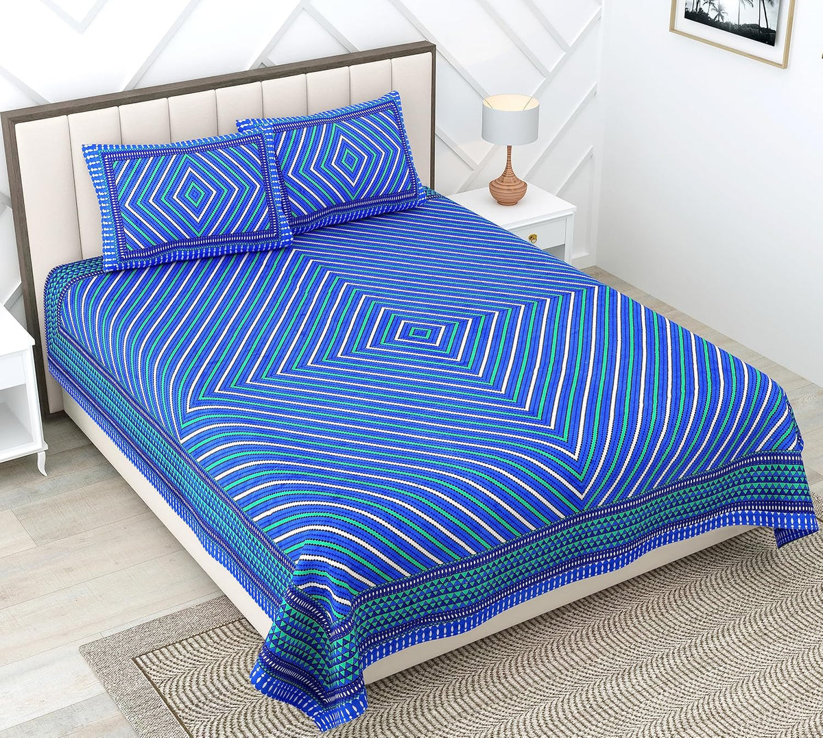 Cotton Double Bedsheet For King Size With Two Matching Pillow Covers - 90 X 94 Inches, Blue | Super Soft Breathable & Wrinkle Free