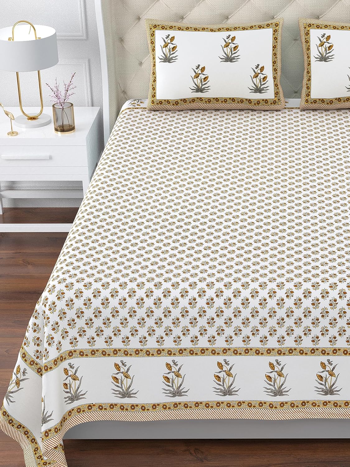 100% Cotton King Size Bedsheet For Double Bed With 2 Pillow Cover - 108 X 108 Inches, Yellow & White | Extra Soft & Wrinkle Free | Perfect Gifting Wedding, Housewarming Or Festival