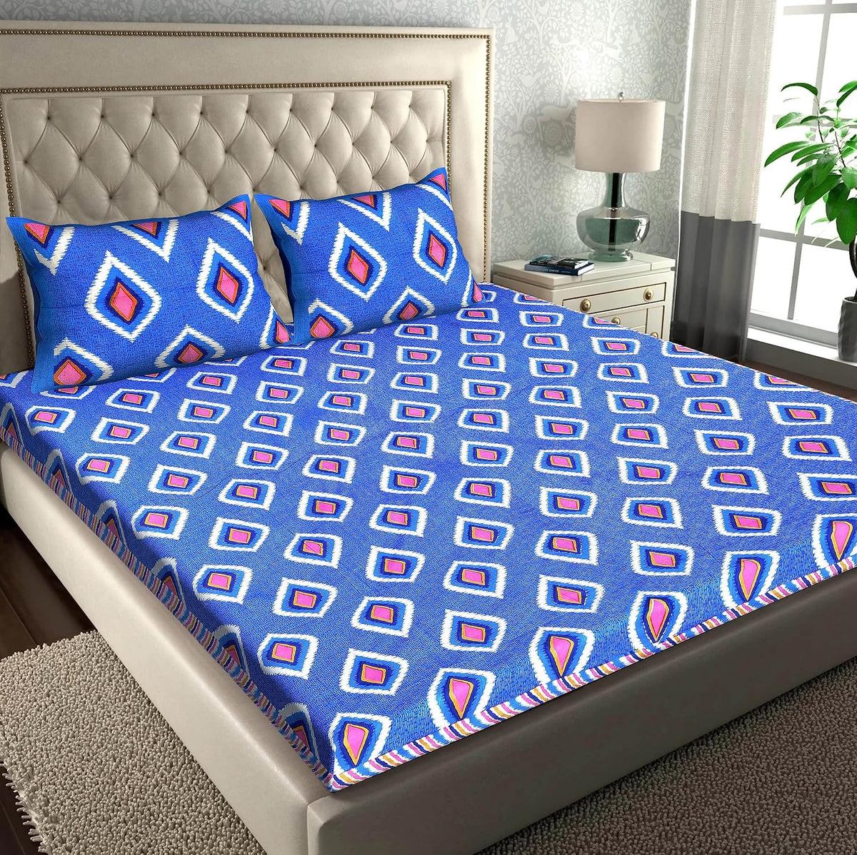 Cotton Double Bedsheet For King Size With Two Matching Pillow Covers - 90 X 100 Inches, Blue & Pink | Super Soft Breathable & Wrinkle Free