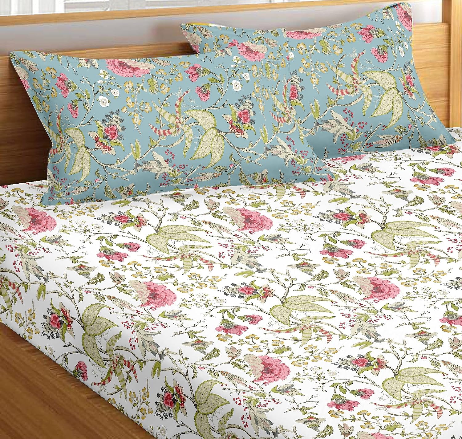 Premium 100% Cotton Queen Size Bedsheet With 2 Pillow Covers - 86 X 104 Inches, White & Green | 180 Thread Count Ultra Soft | Ideal For House, Guest Home, Hotel