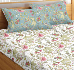 Premium 100% Cotton Queen Size Bedsheet With 2 Pillow Covers - 86 X 104 Inches, White & Green | 180 Thread Count Ultra Soft | Ideal For House, Guest Home, Hotel