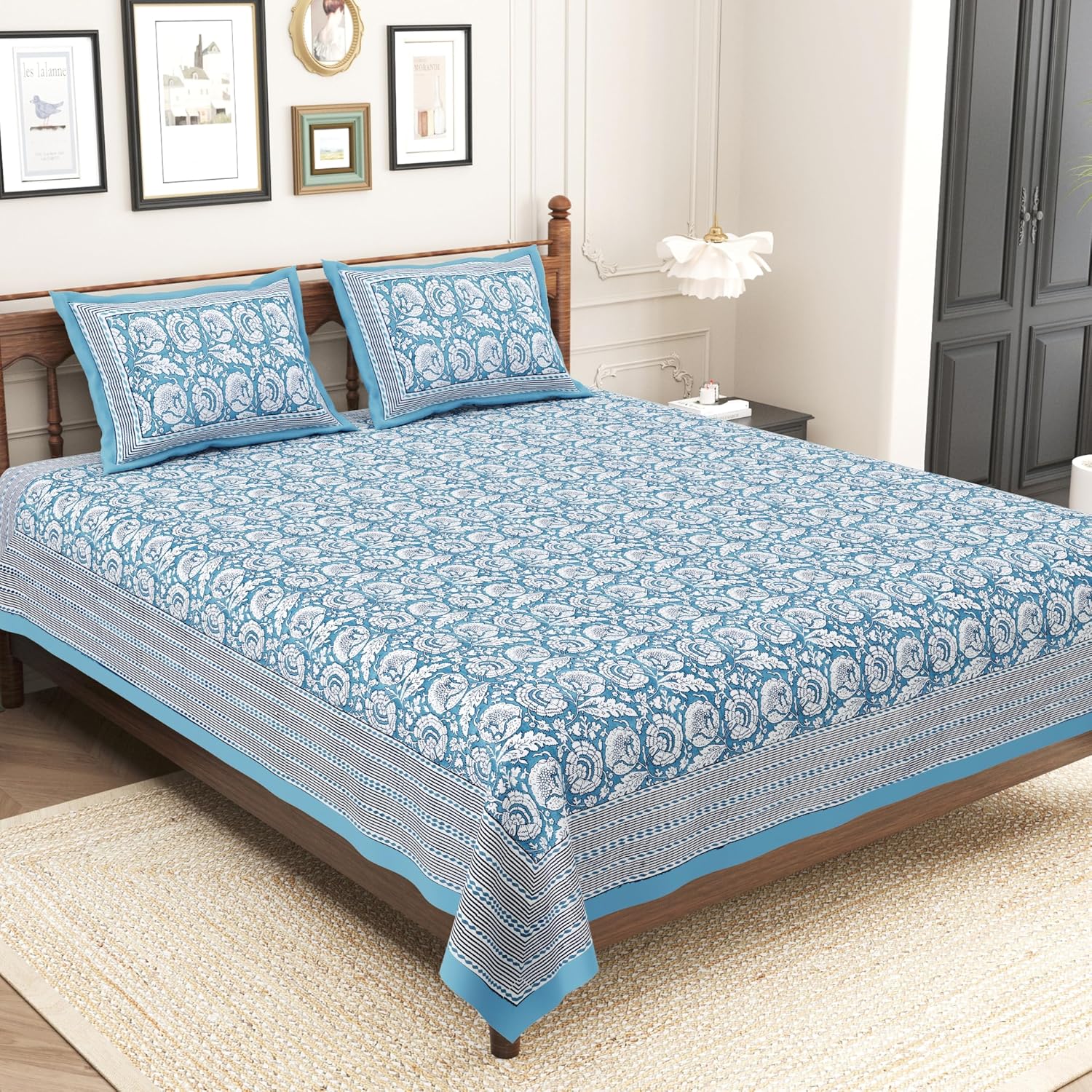 Pure Cotton King Size Bedsheet 2 Matching Pillow Covers | 100x108 Inches, White & Blue | Traditional Jaipuri Printed Bedsheet | Ideal Wedding Gift, Housewarming, Special Occasion Surprise