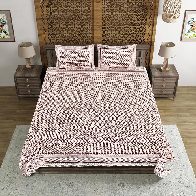 Hand Block Printed Cotton King Size Bedsheet With 2 Pillow Covers, 106 X 106 Inches, Brown | Good For Villas, Guest Houses, & Daily Home Use