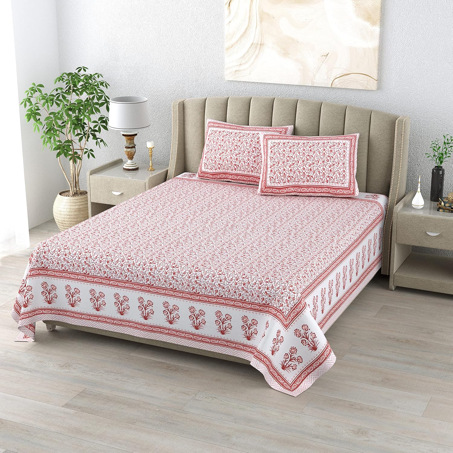 King Size Double Bedsheet With 2 Matching Pillow Covers Set | 90 X 108 Inches, White & Pink - Designer Printed Bedsheet Set | Perfectly Styled & Coordinated Look Bedsheet