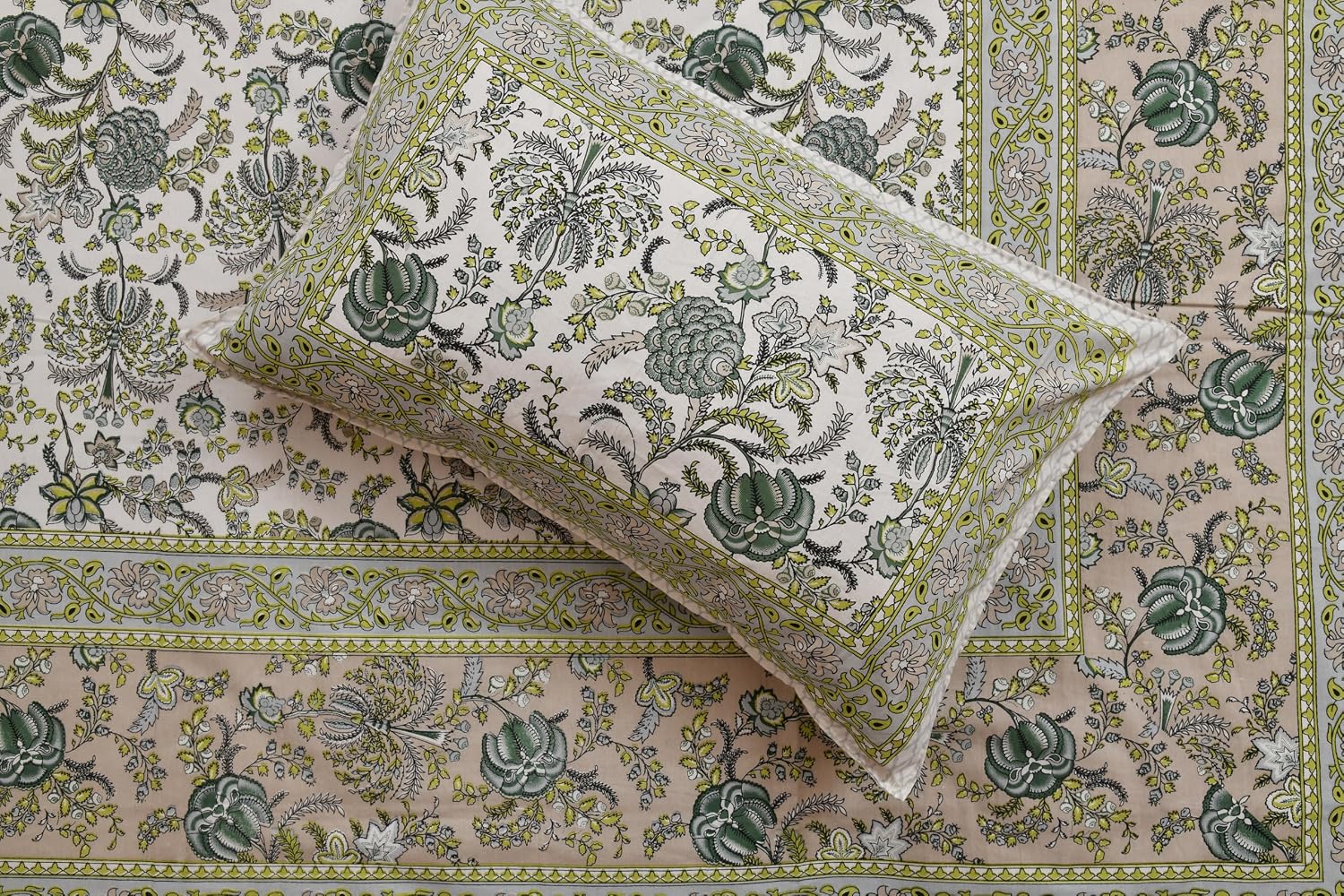 Jaipuri Bedsheet For Double Bed With 2 Pillow Covers - 90 X 108 Inches, Beige & Green | Pure Cotton Bedsheet King Size Bed | Soft & Breathable Fabric