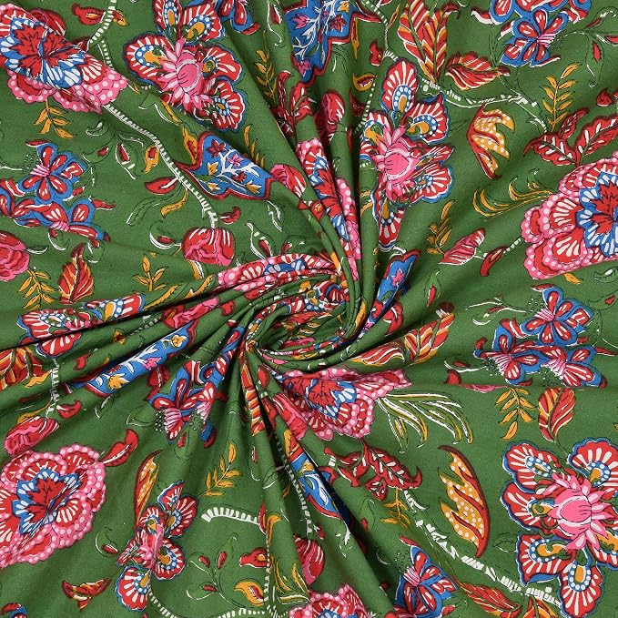 Hand Block Printed Cotton King Size Bedsheet With 2 Pillow Covers, 106 X 106 Inches, Green | 200 Thread Count-Good For Villas, Resorts, Guest Houses, & Daily Home Use