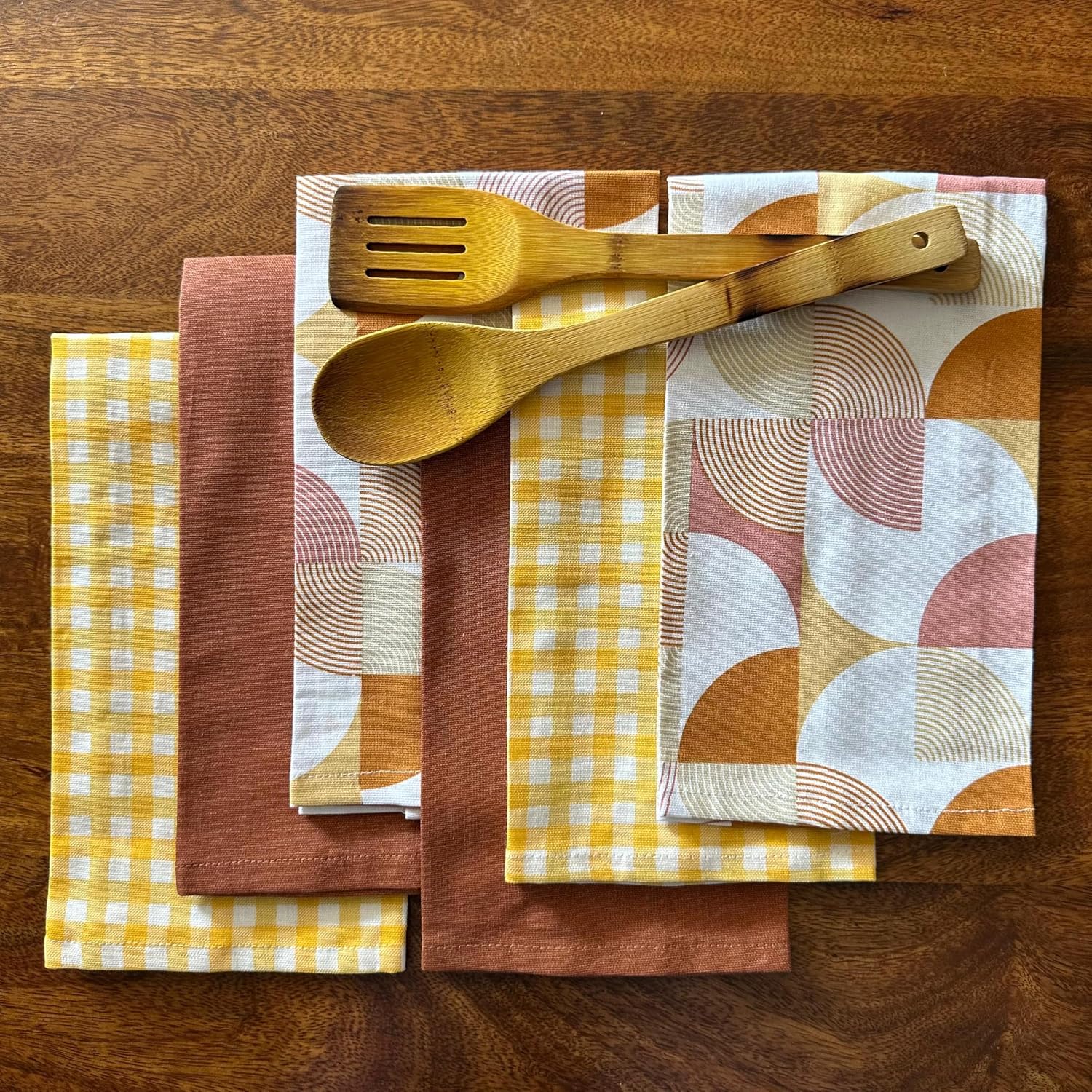 Oak & Lily 100% Cotton Kitchen Napkins Dish Towels 450 Gsm | Premium European Quality Washable, Large Size Kitchen Cloth For Roti, Cleaning, Drying | Rust Geometric (Set Of 6)