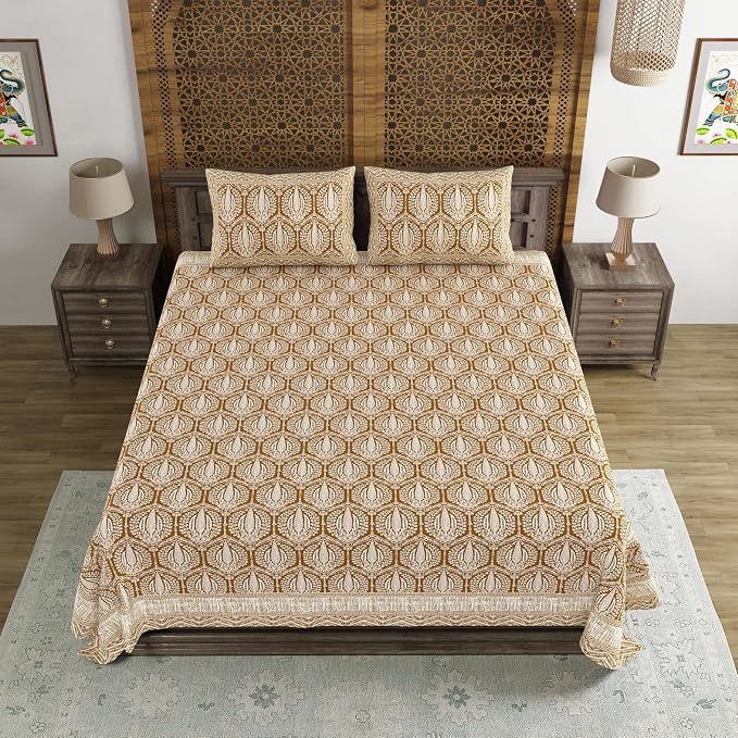 Traditional Hand Block Printed Cotton King Size Bedsheet With 2 Pillow Covers, 104 X 104 Inches, Brown | 200 Thread Count-Vibrant Bedding For Stylish Bedrooms