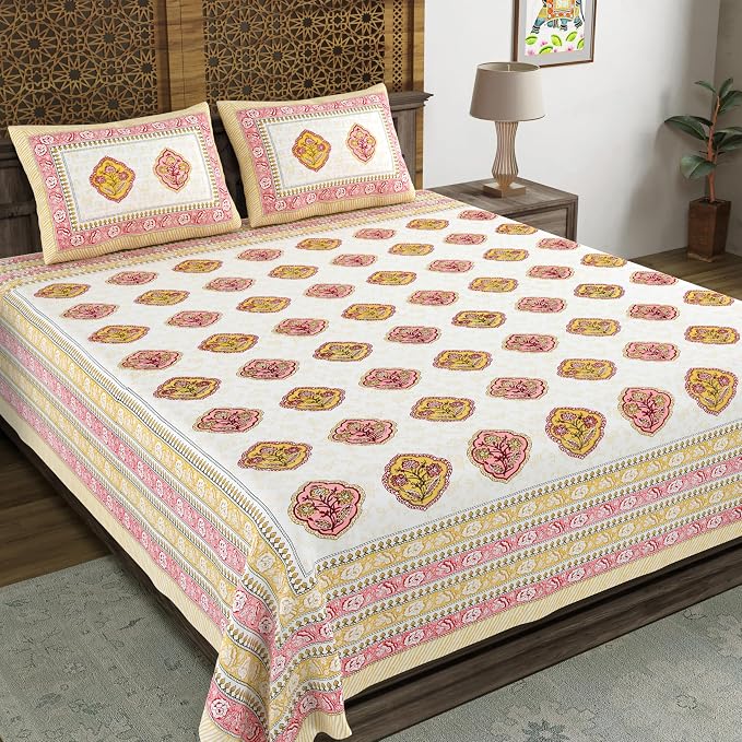 Hand Block Printed Cotton King Size Bedsheet With 2 Pillow Covers, 90 X 108 Inches, Yellow | Good For Villas, Guest Houses, & Daily Home Use