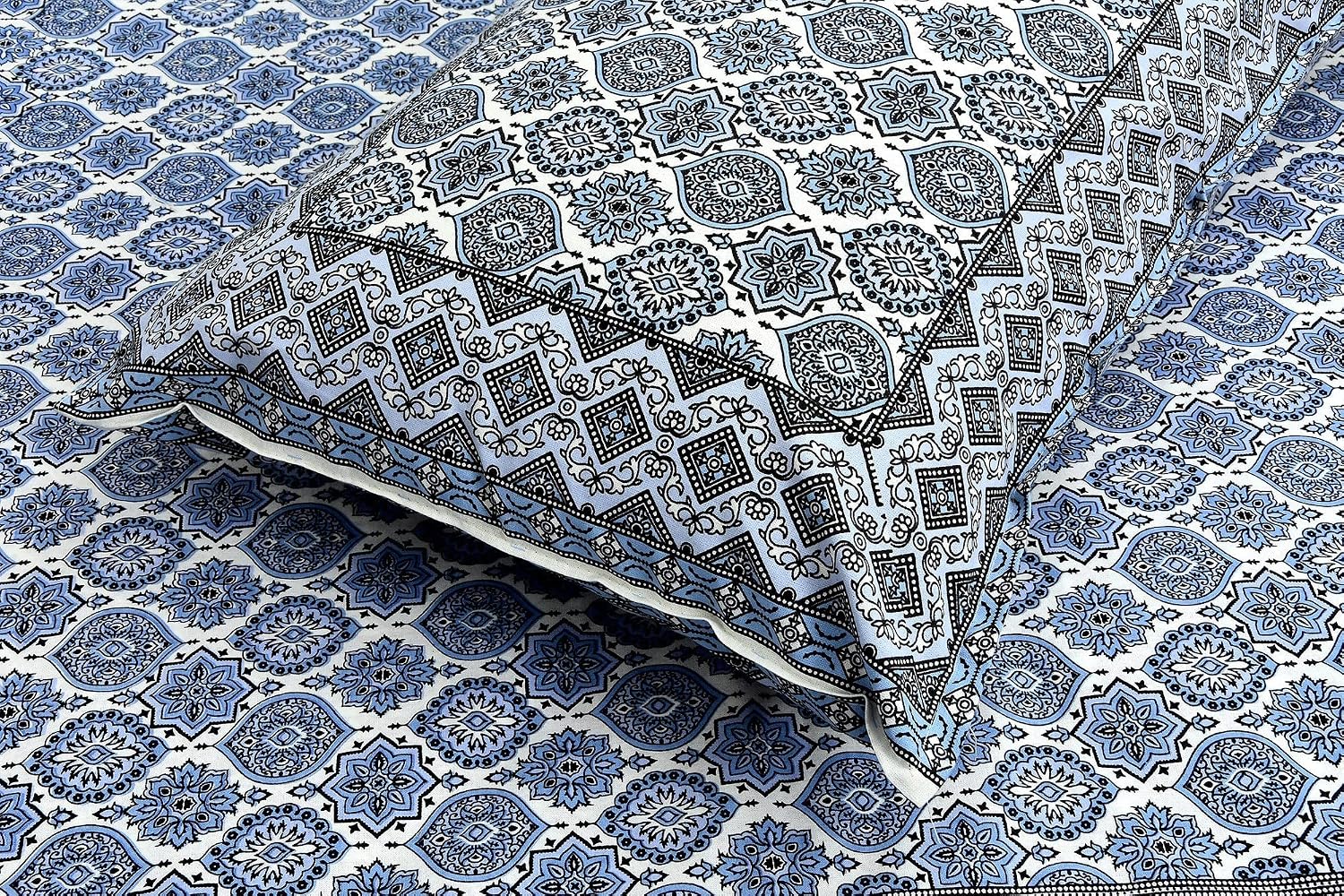 Traditional Rajasthani Design Bedsheet With 2 Pillow Covers - 90 X 108 Inches, Ocean Blue | Color Fade Resistant & Shrinkage Resistant For All-Season Use