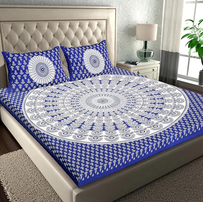 Rajasthani Jaipuri Bedsheets For Double Bed King Size With 2 Pillow Cover - 90 X 100 Inches, White & Blue | Skin Friendly Fabric With Vibrant Colors