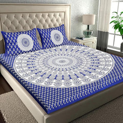 Rajasthani Jaipuri Bedsheets For Double Bed King Size With 2 Pillow Cover - 90 X 100 Inches, White & Blue | Skin Friendly Fabric With Vibrant Colors