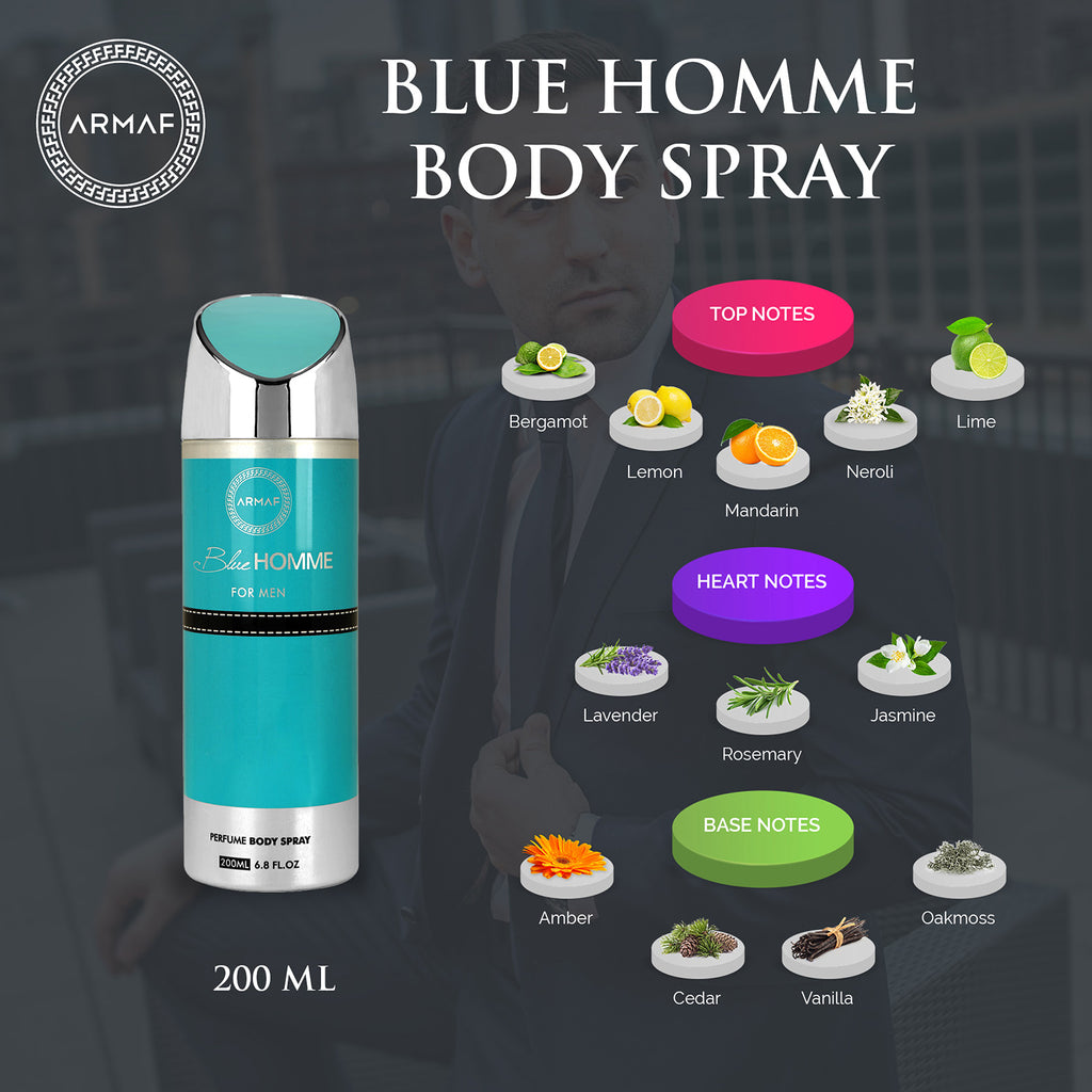 Armaf Blue Homme For Men Perfume Body Spray 200ml 6.7 Fl.oz. Long Lasting | Daily Wear | Alcohol Free