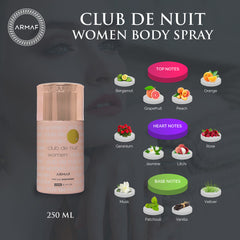 ARMAF CLUB DE NUIT FOR WOMEN PERFUME BODY SPRAY 250ML 8.4 FL.OZ.