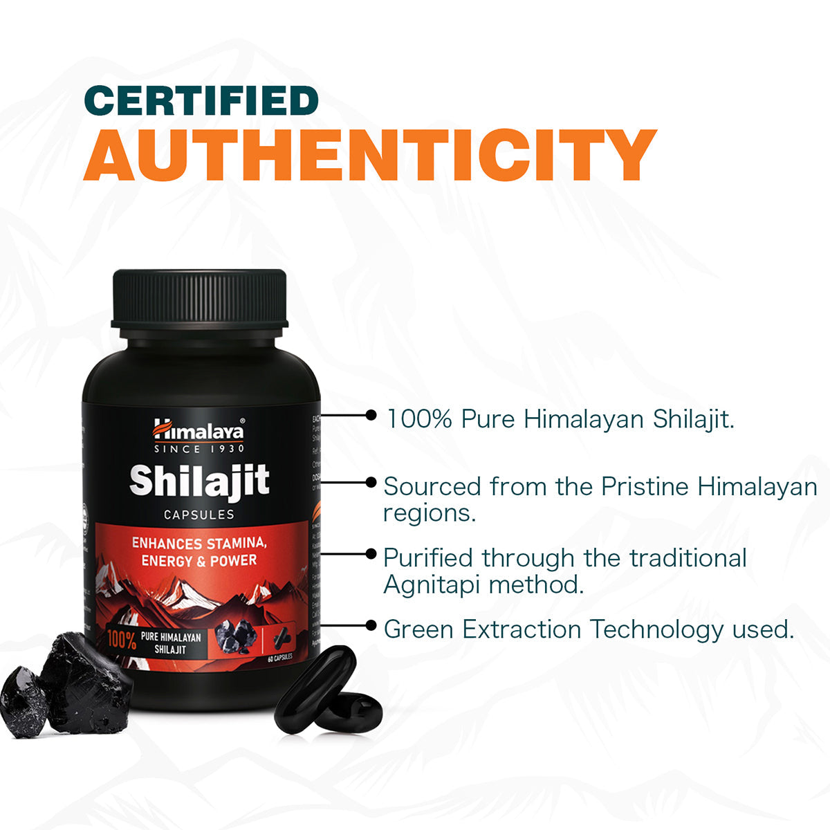 Himalaya Shilajit, 100% Pure Himalayan Shilajit, Enhances Stamina, Energy & Power | Supports Healthy Testosterone Levels | 60 Capsules