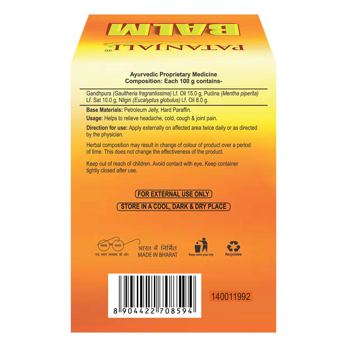 Patanjali Balm, With Gandhpura (Gaultheria Fragrantissima) | 10gm