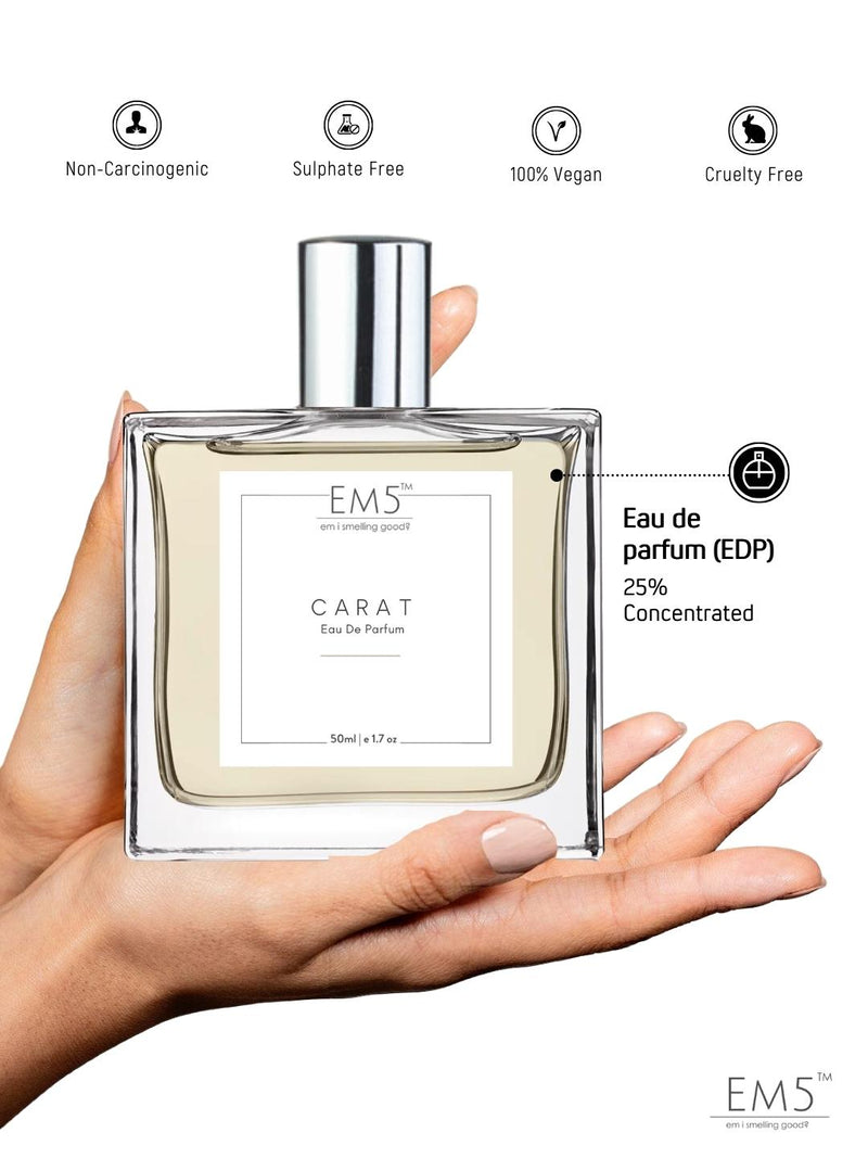 EM5 Carat EDP Perfume For Women 50 Ml 1.7 Fl.oz. | Strong And Long Lasting | Floral Green Powdery | Luxury Gift For Women