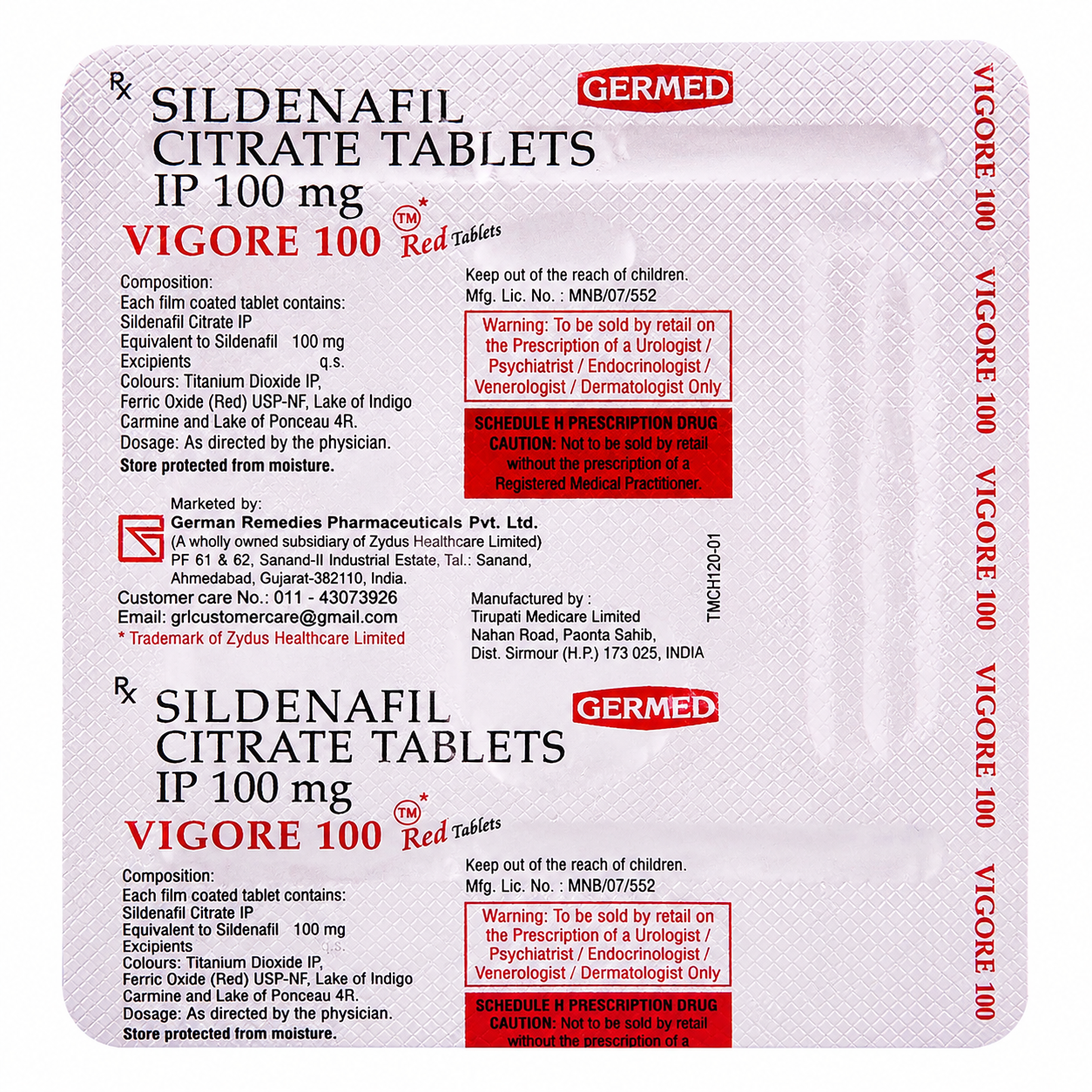 VIGORE 100 Red Tablets – Sildenafil Citrate Tablets IP 100 mg ( Worldwide Shipping )