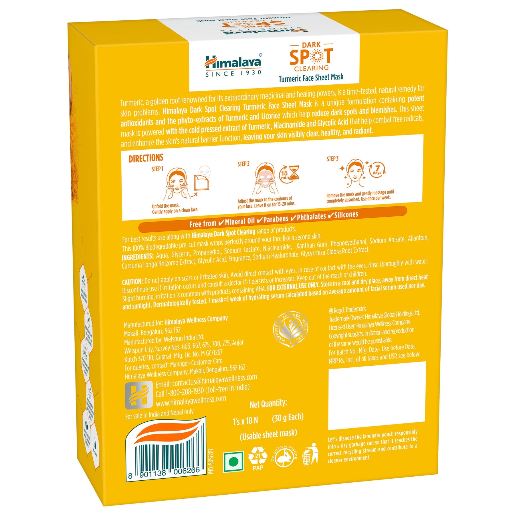 Himalaya Dark Spot Clearing Turmeric Face Sheet Mask, Visibly Reduces Dark Spots & The Appearance Of Pores | 30gm