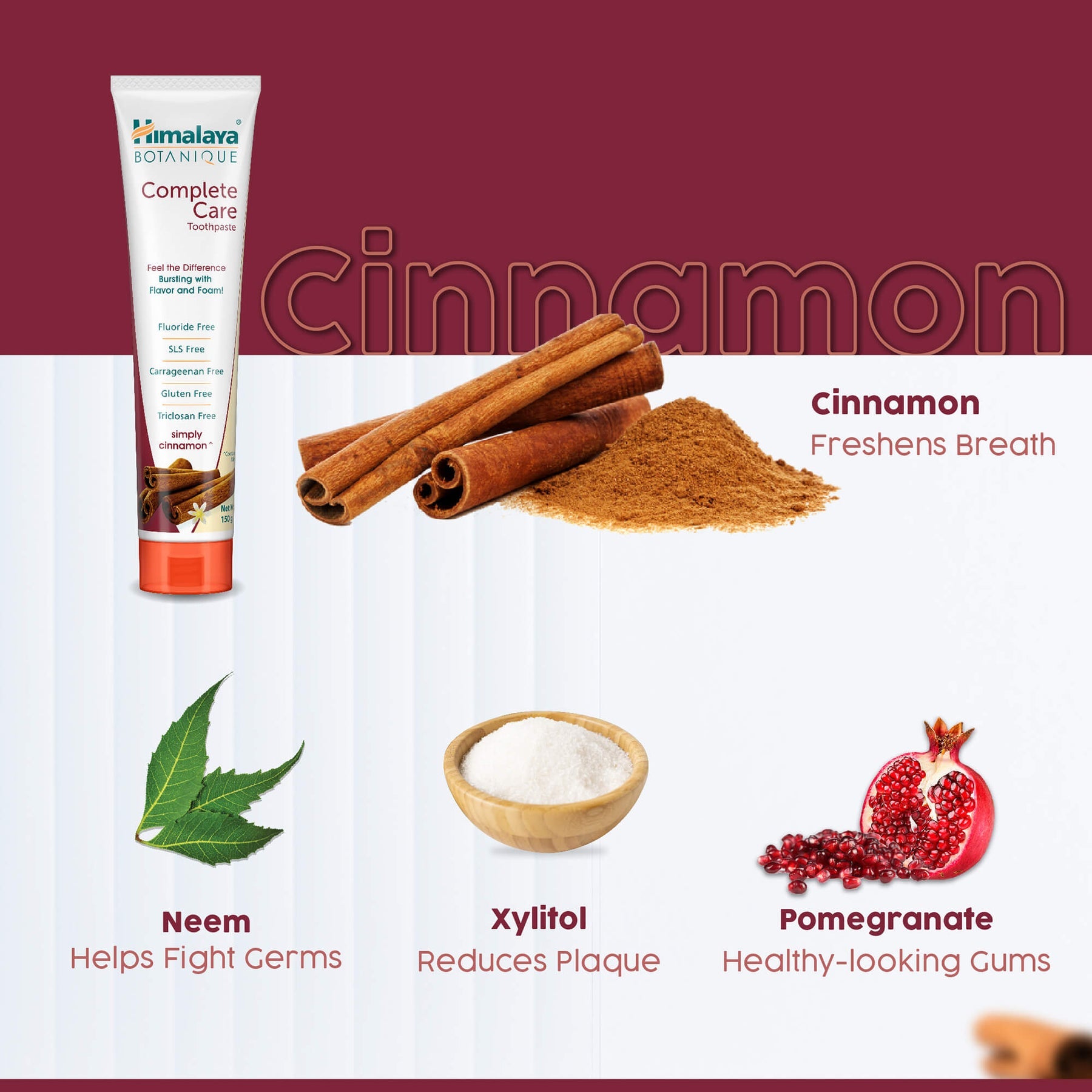 Himalaya Botanique Complete Care Toothpaste - Simply Cinnamon, Free From Fluoride & SLS | For Fresh Breath & Clean Mouth | 150g