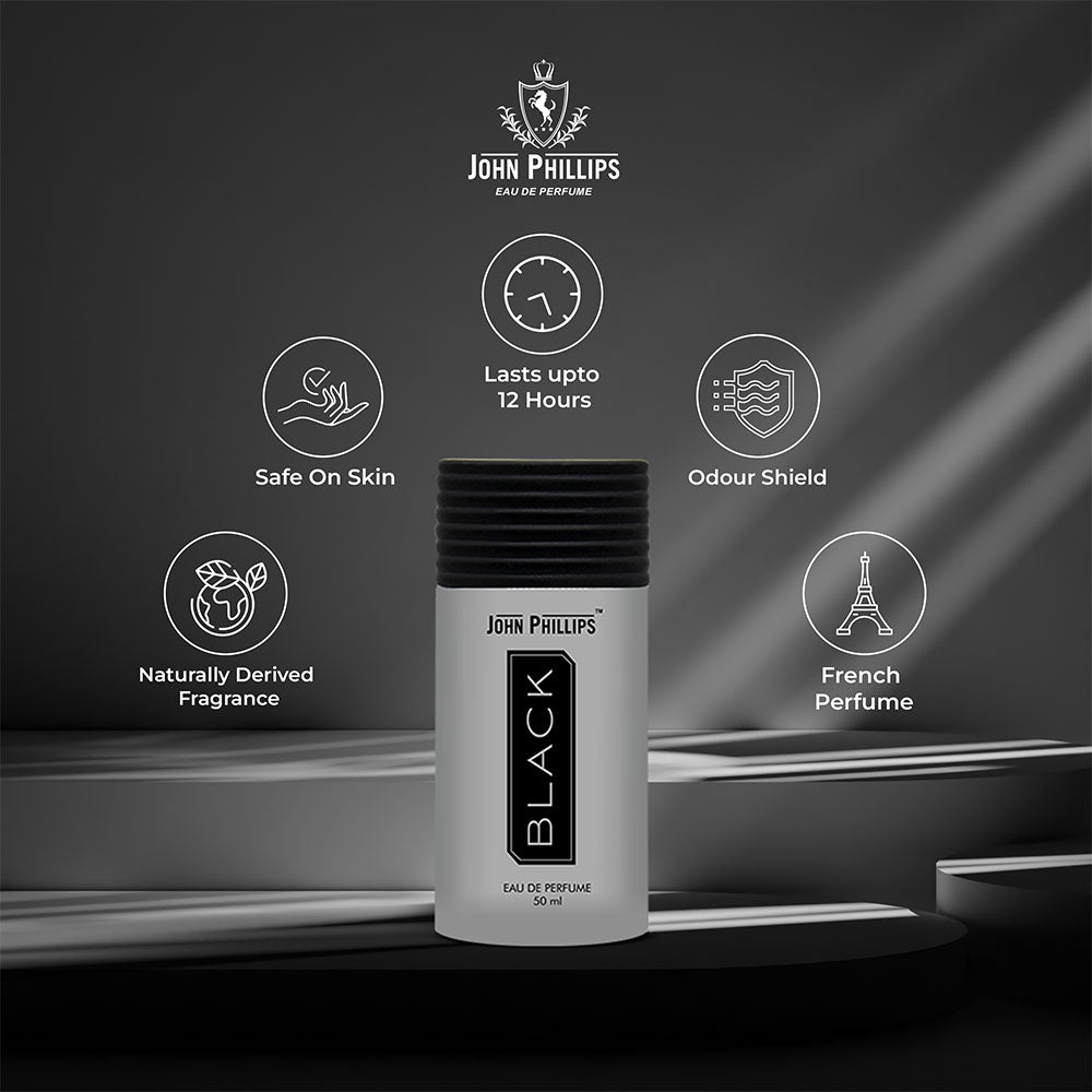 John Phillips Black Long Lasting Eau De Parfum  50ml 1.6 Fl.oz. Citrusy & Musky | French Perfume Ideal For Men