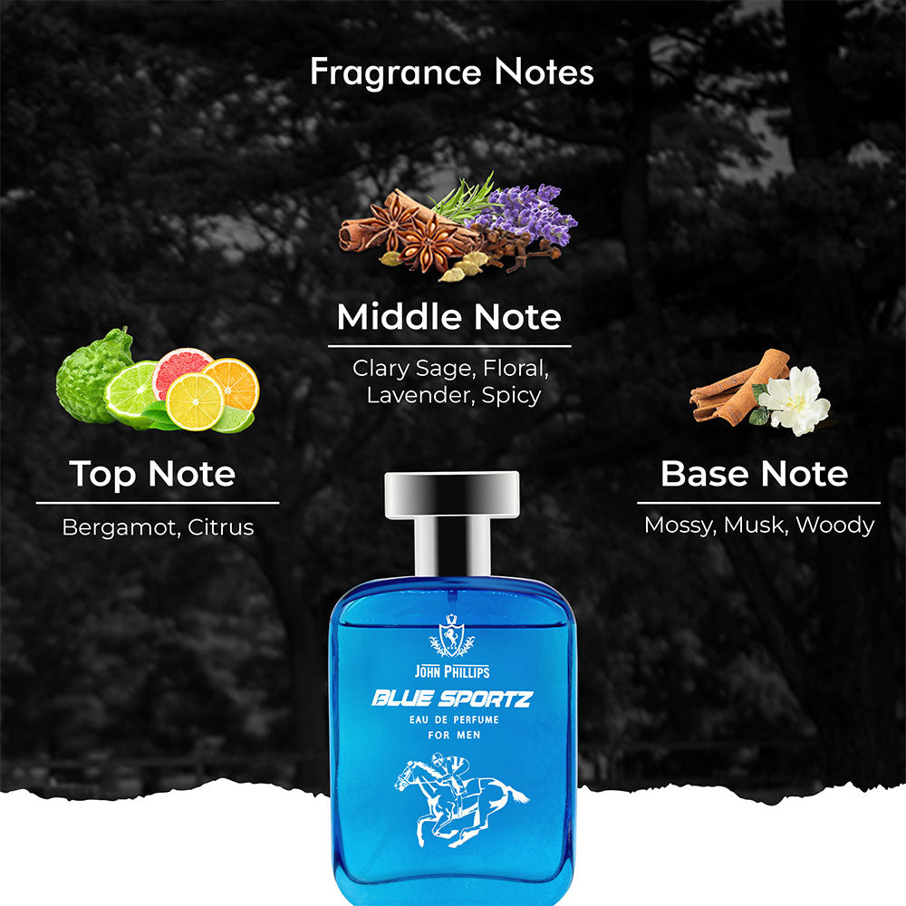 John Phillips Blue Sportz Eau De Perfume 100ml 3.4 Fl.oz. Skin Friendly & Long Lasting Perfume | Men Fragrance For Morning , Gym & Travel