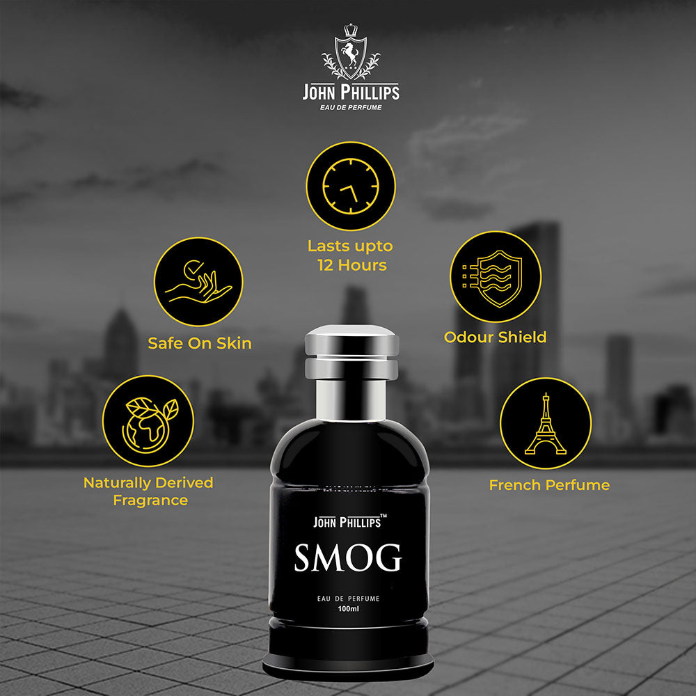 John Phillips Smog Eau De Perfume 100ml 3.4 Fl.oz. Skin Friendly & Long Lasting Aromatic Citrus Perfume | Men Fragrance For Day & Night Use