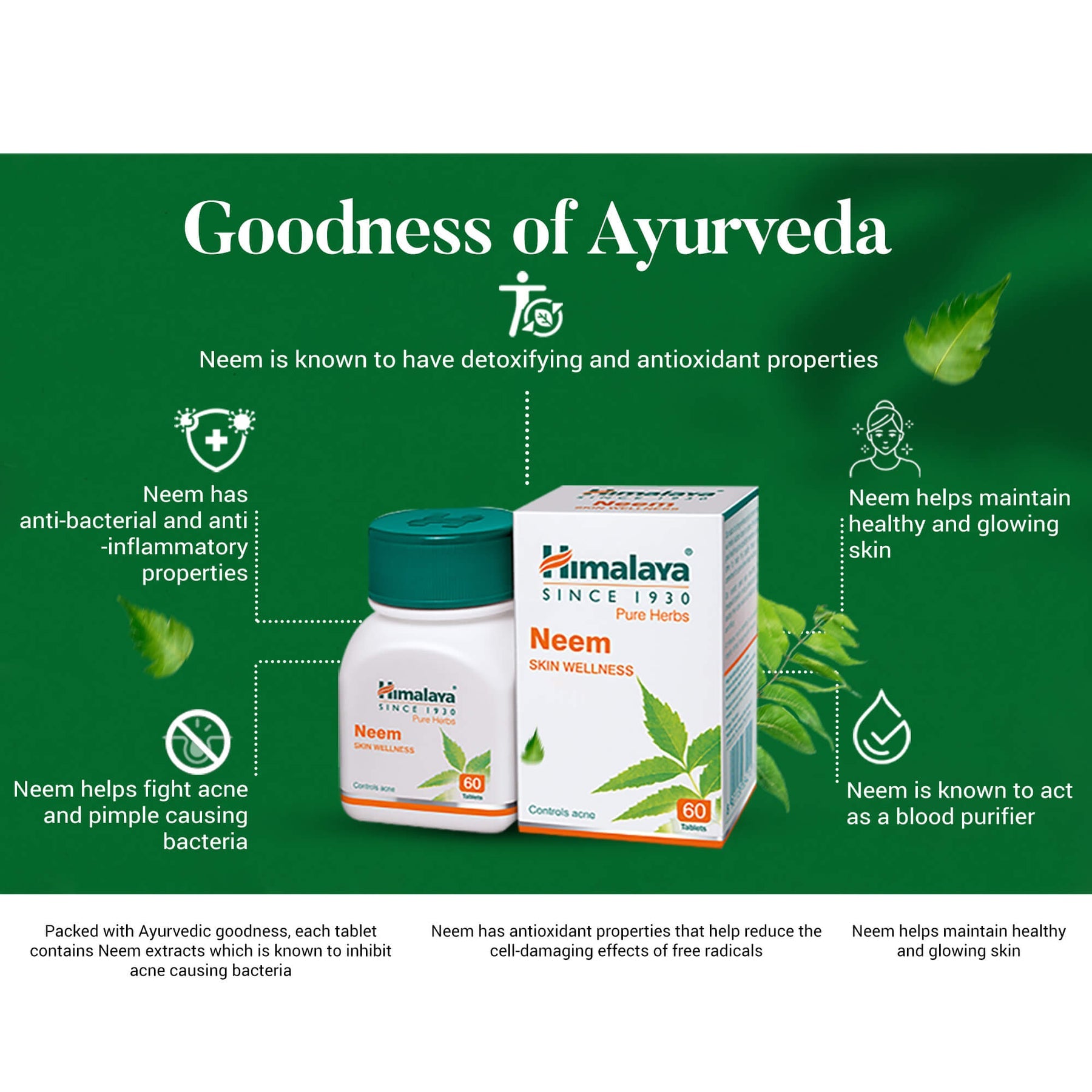 Himalaya Neem Tablets, Skin Wellness, Controls Acne & 100% Vegetarian | 60 Tablets